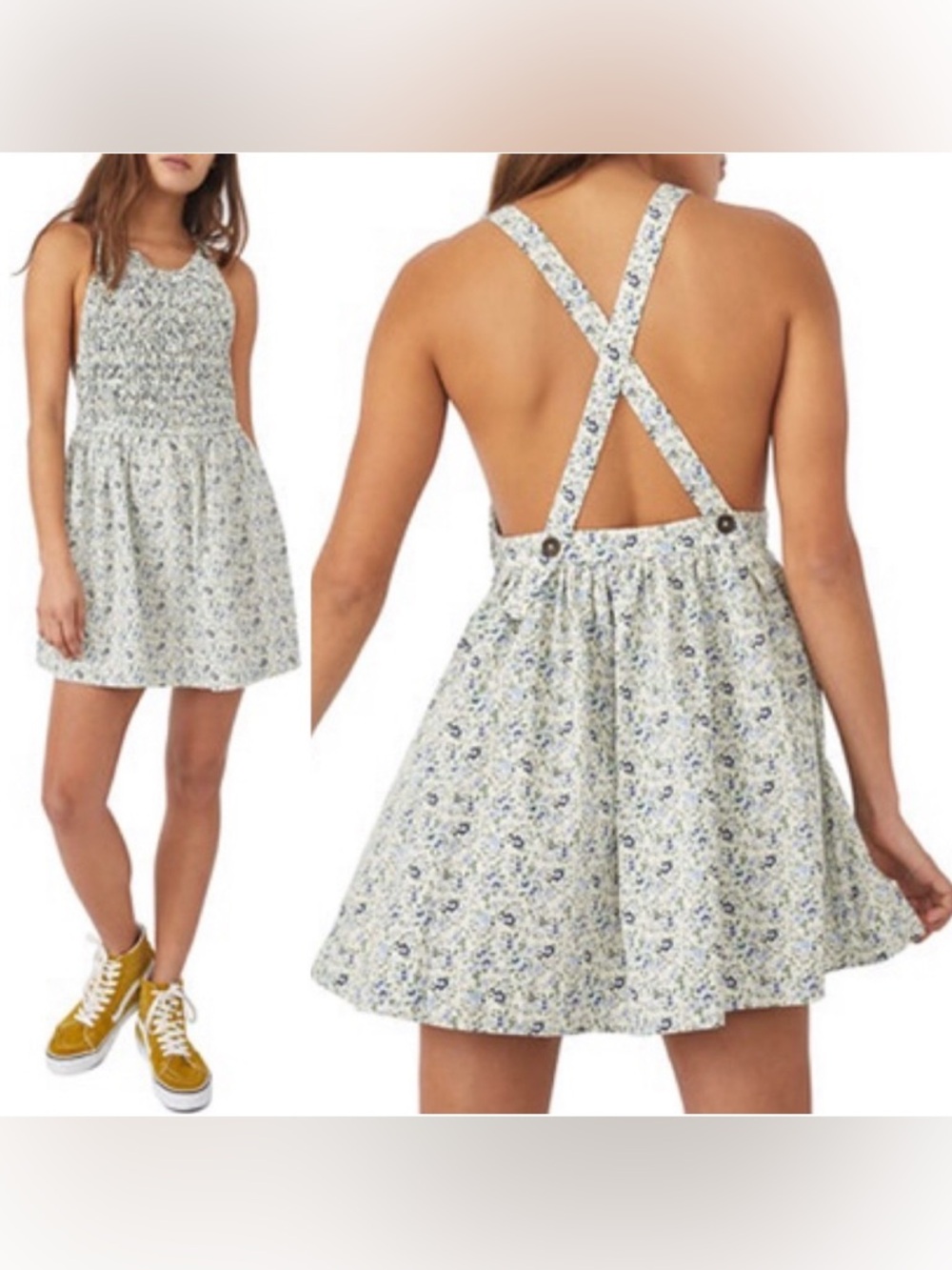 Free People • Floral • Cross-Back •Sundress in Cream and Blue